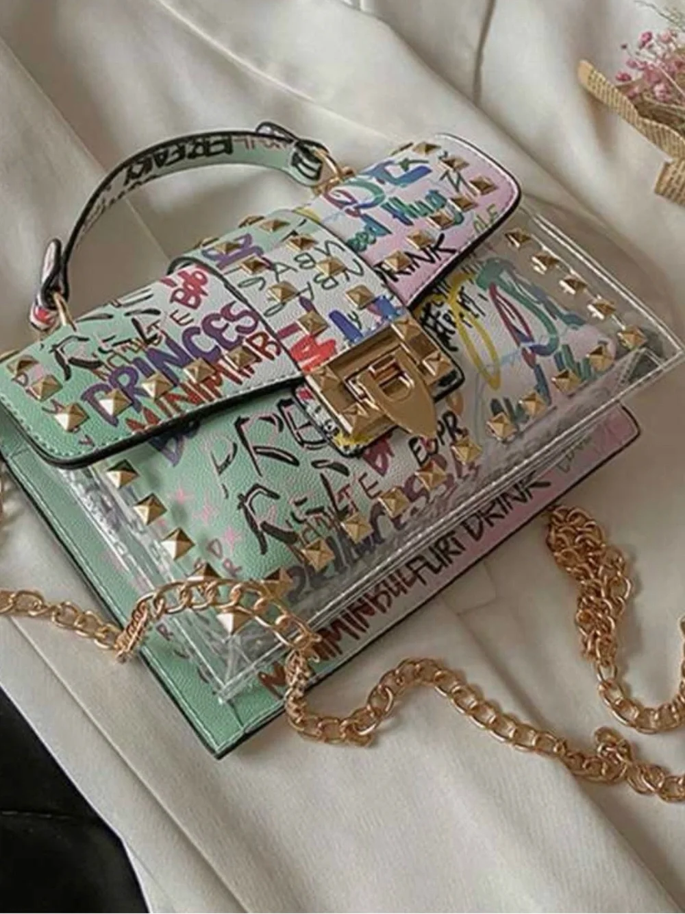 Pastel Multi Graffiti Studded Crossbody Bag with Chain Strap - Picture 3 of 7